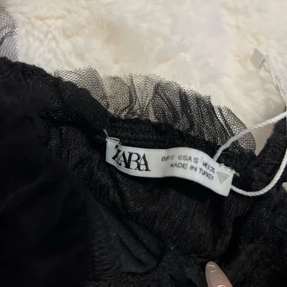 Zara Black Ruched Top with Ruffle Detail - Picture 3 of 5